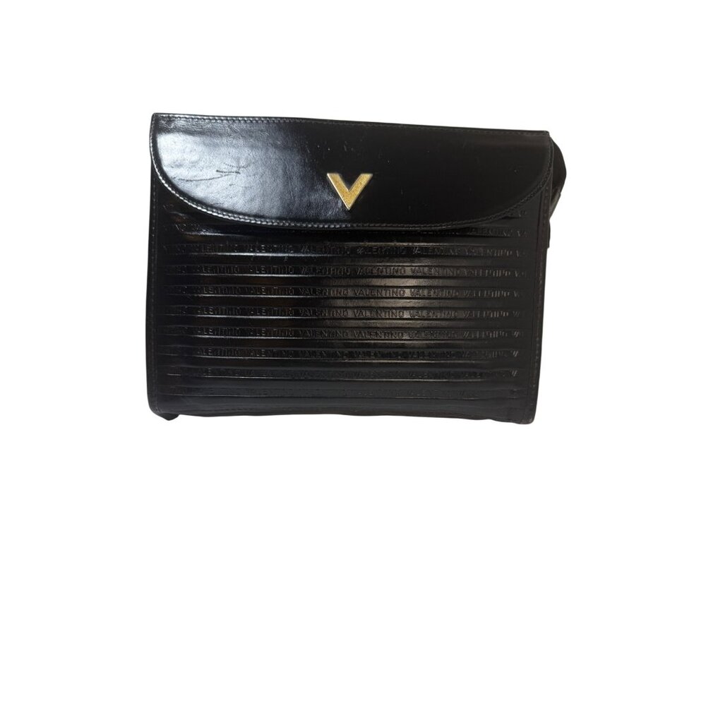 Authentic Vintage Valentino Black Leather Bag With Gold Logo Accent & Embossed D